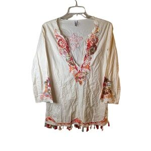 Becca By Rebecca V Ivory Tassel Trim Tunic Embroidered Cotton Top Small Medium